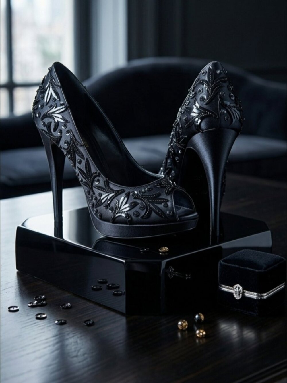 Louis Vuitton Black Embellished Peep-Toe Stiletto Pumps
